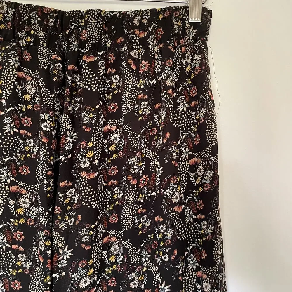 Downeast navy pink floral wide leg flowy pants women's size small lined trousers